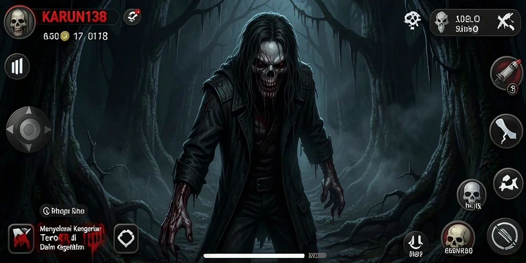 Screenshot KARUN138 yang memperlihatkan kegelapan menakutkan dan makhluk menyeramkan.