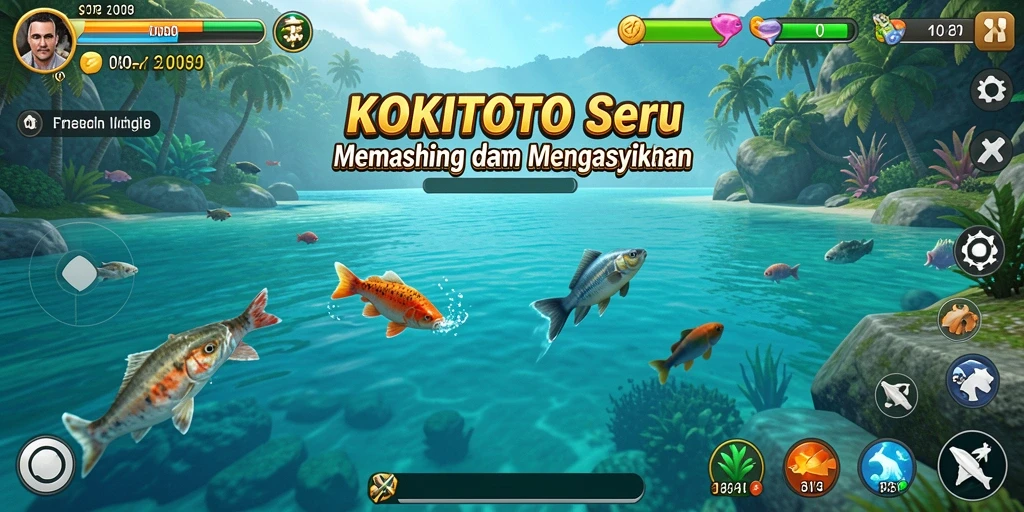 Gameplay KOKITOTO yang penuh warna dan seru saat memancing.