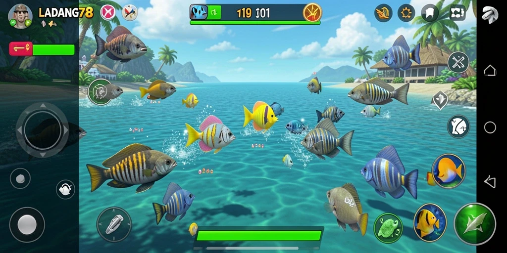 Screenshot LADANG78 menampilkan aksi seru Tembak Ikan di bawah laut.
