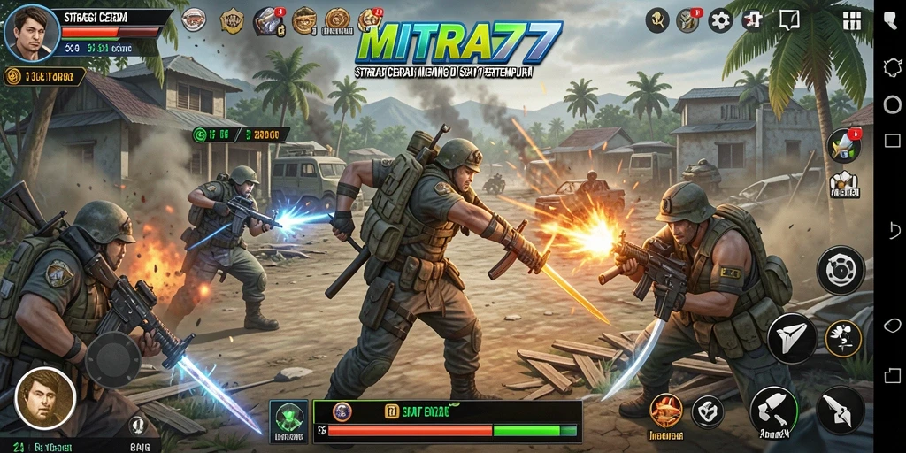Screenshot utama MITRA77 menampilkan aksi pertempuran strategi yang mendebarkan.