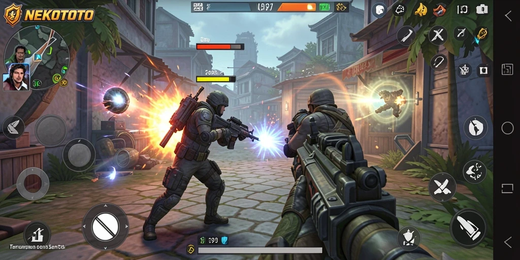 Tampilan gameplay seru di NEKOTOTO menunjukkan aksi seru di medan perang.