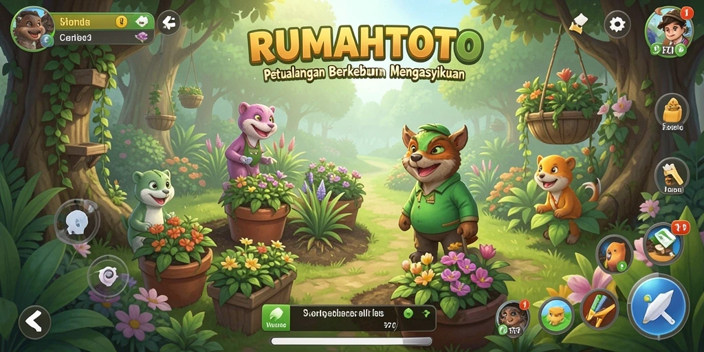 Tampilan gameplay RUMAHTOTO yang seru dan berwarna-warni saat berkebun.