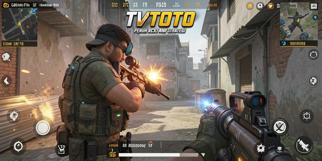 Screenshot dari gameplay <strong>TVTOTO</strong> menunjukkan aksi tembak-menembak yang intens.